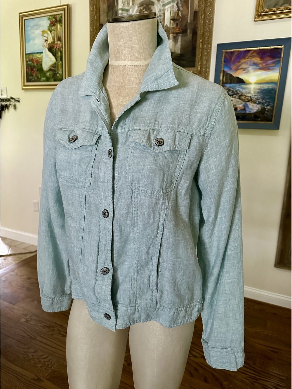 Lightweight Mint-Blue Linen Trucker-Style Jacket size M